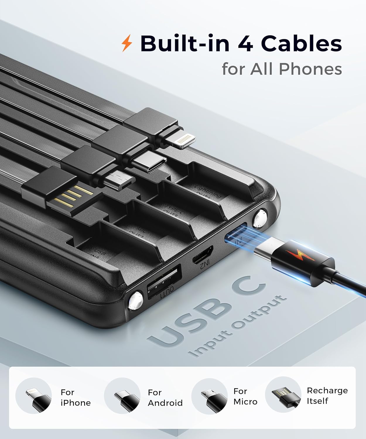 Portable Power Bank USB C 10000mAh Built in Cable 22.5W