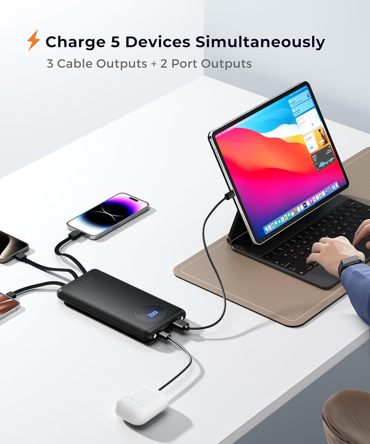 Portable Power Bank USB C 10000mAh Built in Cable 22.5W