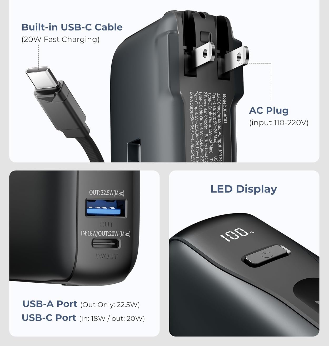 Portable Charger with Built-in USB-C Cable & Plug 10,000mAh 22.5W Max