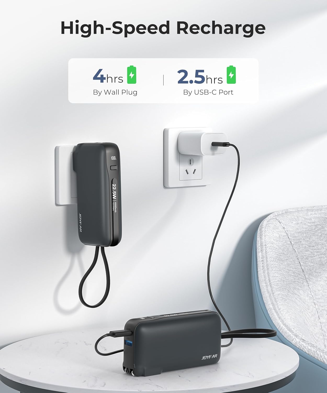 Portable Charger with Built-in USB-C Cable & Plug 10,000mAh 22.5W Max