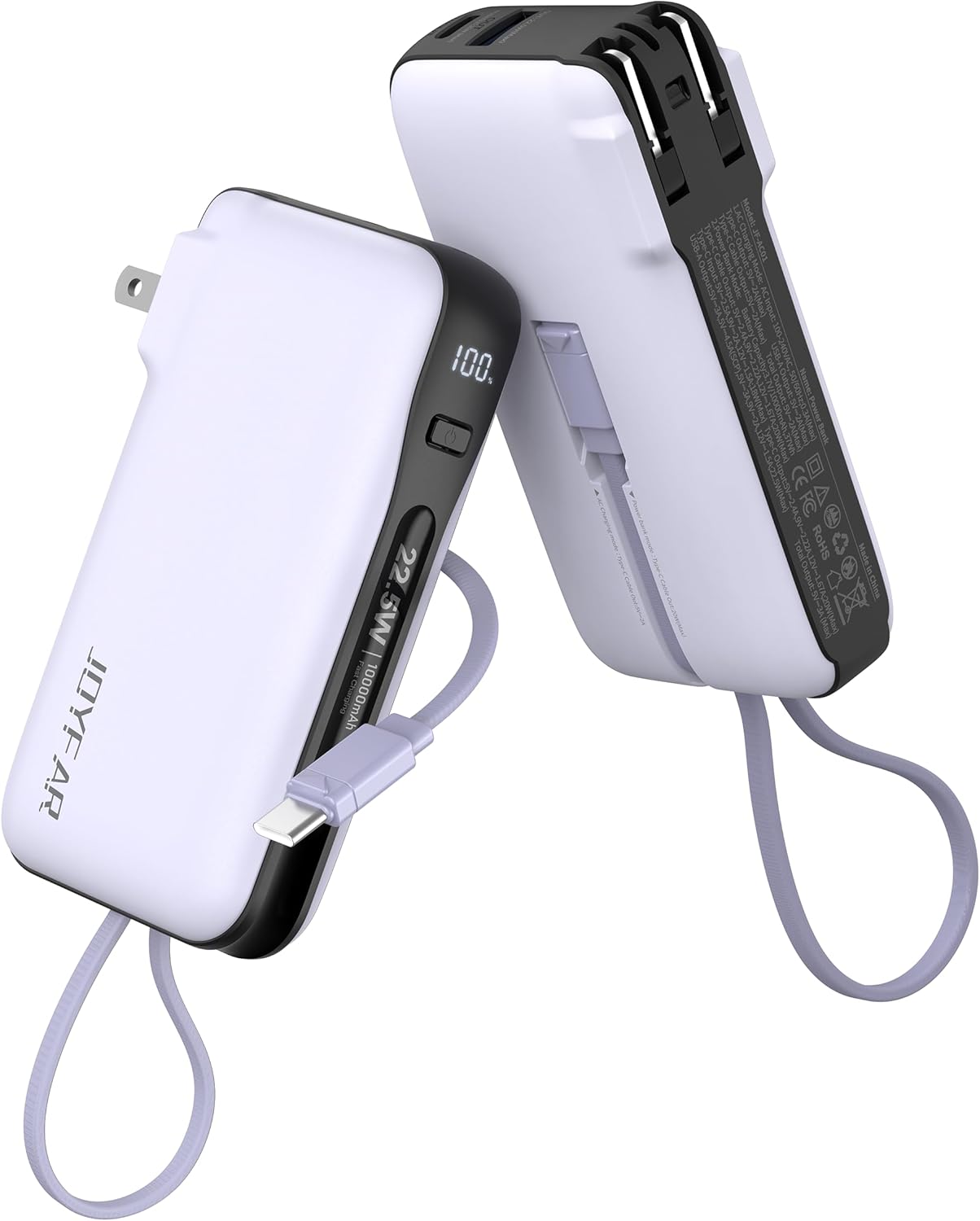 Portable Powerbank with Built-in USB-C Cable & Plug, 10,000mAh Purple