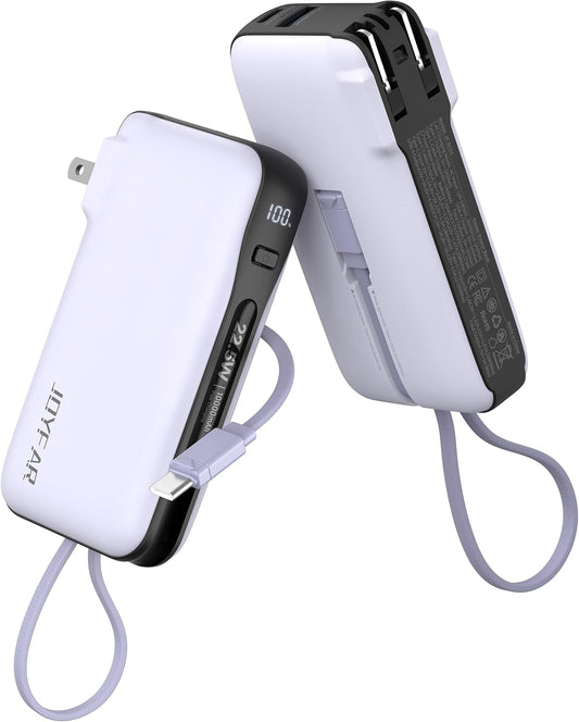 Portable Powerbank with Built-in USB-C Cable & Plug, 10,000mAh Purple